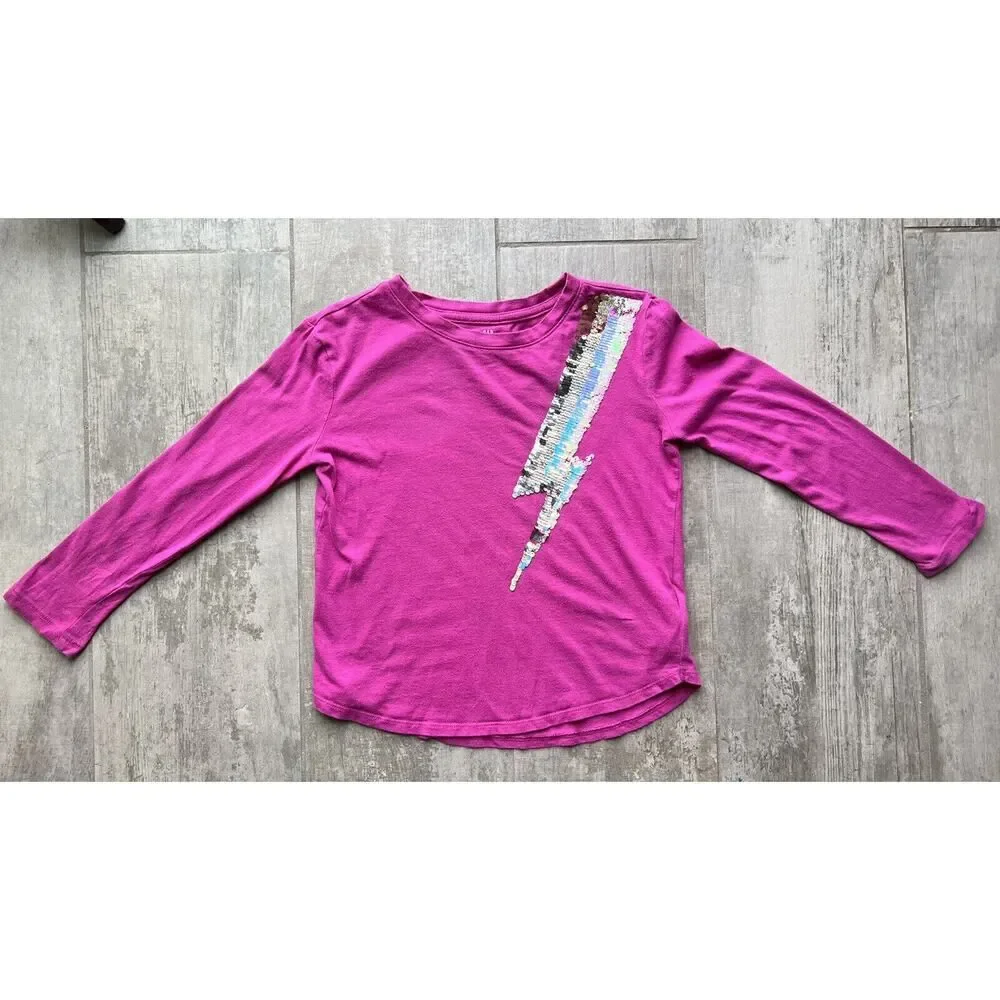 GAP Kid Girls Pink Flip Sequins Lightning Organic Cotton Casual School Top S 6-7